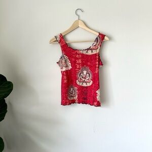 Vintage Y2K 90s Peace Love Buddha Asian Lettuce Hem Tank Top Grunge Hippie Sz S